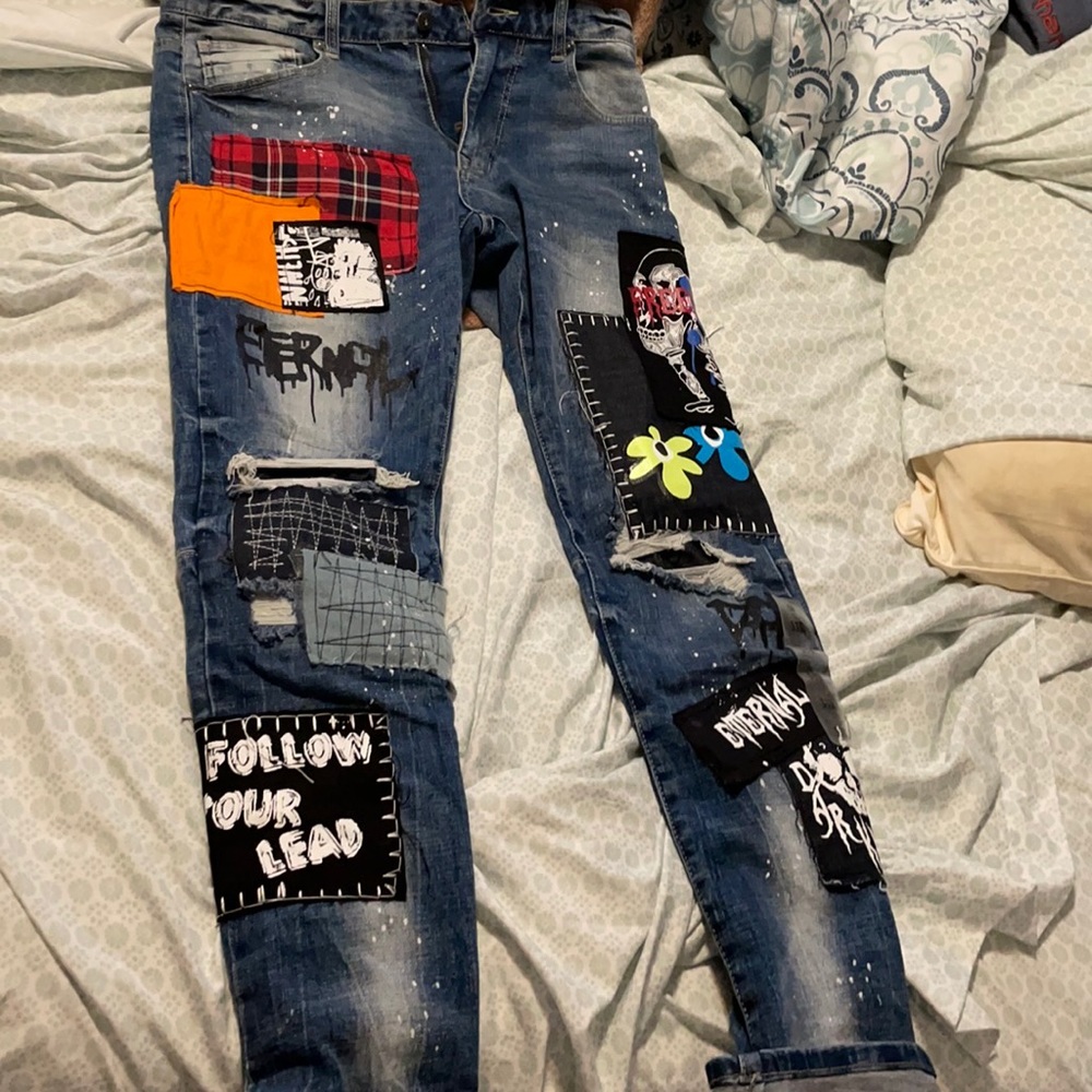 CUSTOM ZEMFUL DESIGNER HAND CUT AND PATCHED PANTS 33/32